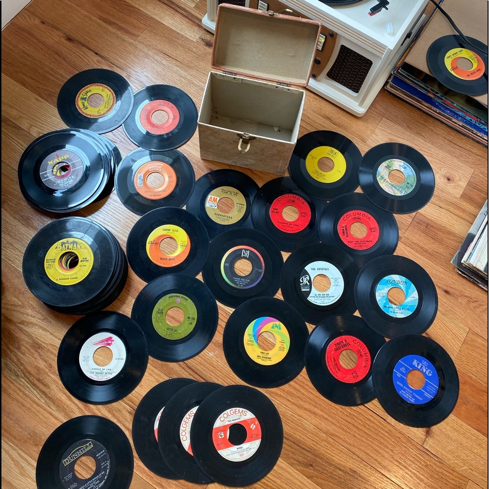 Collection Of 45 Vintage Vinyl Records With Vintage Box Holder